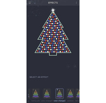 Schermweergave van een app voor het bedienen van een lichtsnoer in de vorm van een kerstboom met verschillende kleurinstellingen
