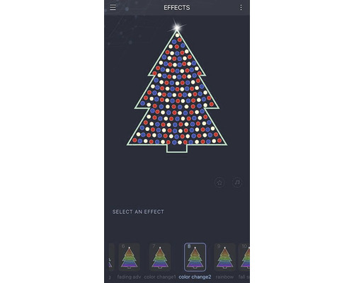 Schermweergave van een app voor het bedienen van een lichtsnoer in de vorm van een kerstboom met verschillende kleurinstellingen