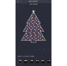 App-weergave voor het bewerken van een lichteffect met een gestileerde kerstboom van rode, witte en blauwe lampjes