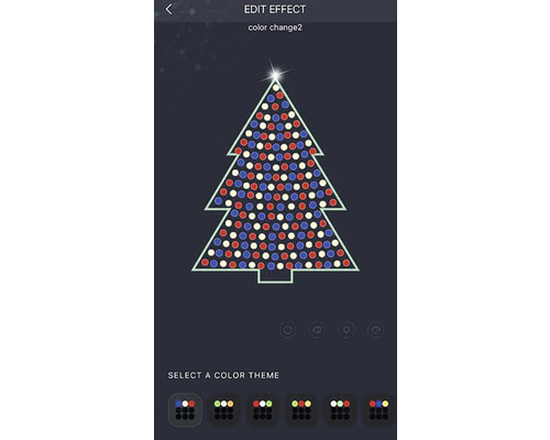 App-weergave voor het bewerken van een lichteffect met een gestileerde kerstboom van rode, witte en blauwe lampjes