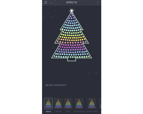Smartphone-app voor het bedienen van de effecten van een LED-lichtsnoer in de vorm van een kerstboom