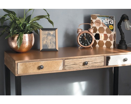Decoratief bureau met laden, plant, fotolijst, klok, tijdschriftenrek en lamp