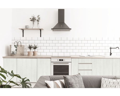 Lichte keuken met witte tegels, afzuigkap, gootsteen en decoratie