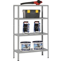 Grijze metalen stellingkast met vier niveaus, met daarop een bladblazer, gereedschapskist, haspels en verfemmers.