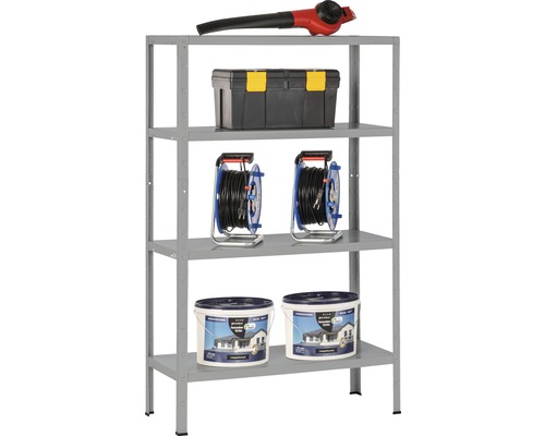 Grijze metalen stellingkast met vier niveaus, met daarop een bladblazer, gereedschapskist, haspels en verfemmers.