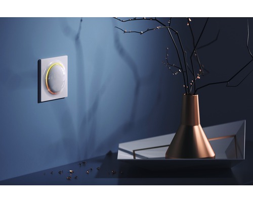 Slimme lichtschakelaar aan de muur met decoratieve vaas en takken op tafel.