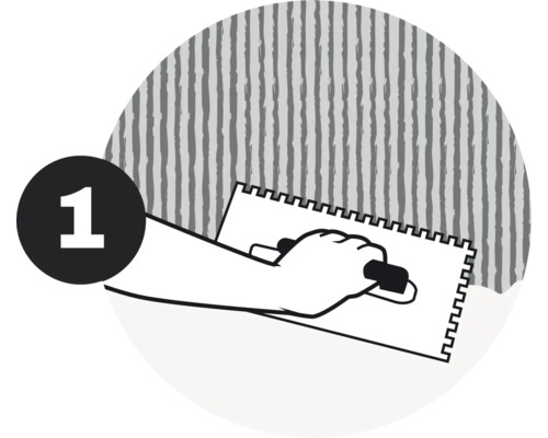 Illustratie van een hand met een lijmkam voor een muur, stap 1
