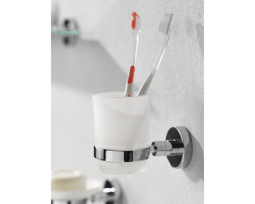 Wand tandenborstelbekerhouder van glas en metaal met twee tandenborstels