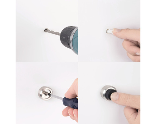 Afbeeldingen tonen de montage van een deurstopper aan een muur met een boormachine en een schroevendraaier.
