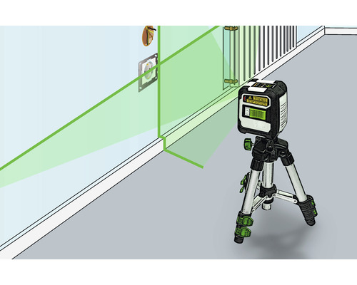 Kruislijnlaser op statief met groene laserlijnen op de muur
