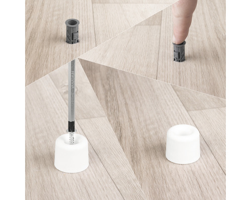 Montage van een deurstopper op een houten vloer met schroeven en pluggen