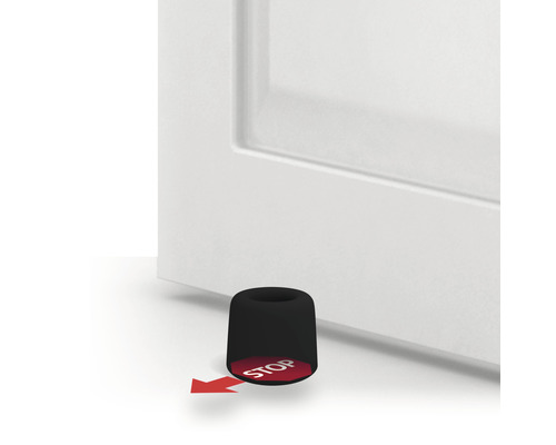 Deurstopper voor een deur met rode pijl en het woord Stop