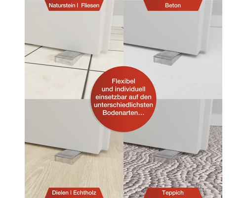 Toepassingsvoorbeelden van een meubelwig op natuursteentegels, beton, planken van echt hout en tapijt.