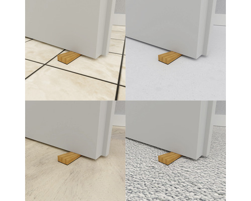 Collage toont een houten deurstopper onder verschillende deuren op verschillende vloeren