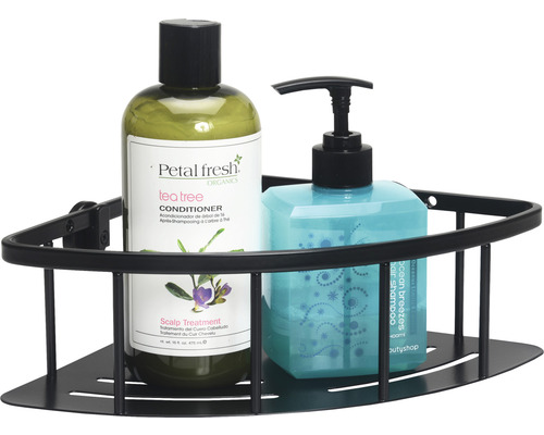 Zwart hoekrek met shampoo en conditioner