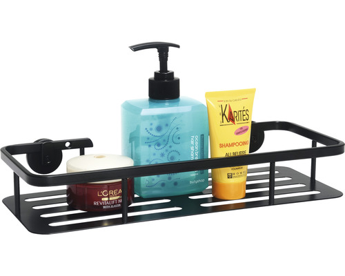 Zwart douche-rek met verschillende badkamerproducten