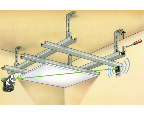 Montage van een rasterplafond met afstelling door laser en schroevendraaier
