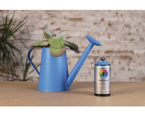 Decoratie met blauwe gieter, plant en verfspuitbus