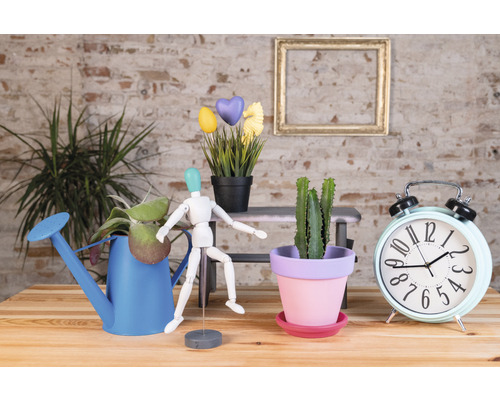 Decoratieve scène met kamerplanten, gieter, wekker en houten figuur op een houten tafel voor een bakstenen muur.
