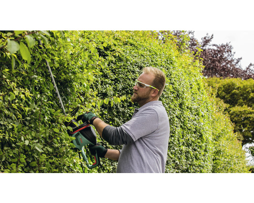Man snoeit heg met heggenschaar in de tuin.