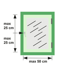 Technische tekening van een raam met de afmetingen maximaal 25 cm hoog en maximaal 50 cm breed
