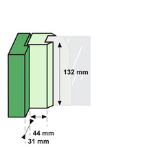 Technische tekening van een houten profiel met afmetingen 132 mm, 44 mm en 31 mm