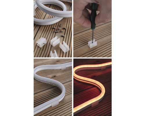 LED-slang montage met bevestigingsclips en schroeven op houten ondergrond