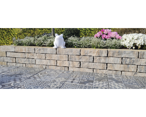 Tuinlandschap met stenen muur, decoratieve tegels en plantversiering