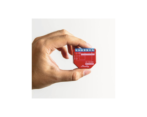 Shelly Logo in een hand gehouden relais voor intelligente besturing