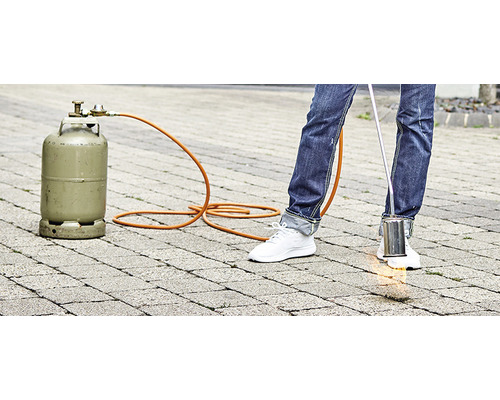Onkruidbrander met gasfles in gebruik op bestrating