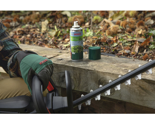 Bosch Logo. Persoon met tuinhandschoenen en heggenschaar naast een spuitbus voor heggenscharenonderhoud op een houten oppervlak.