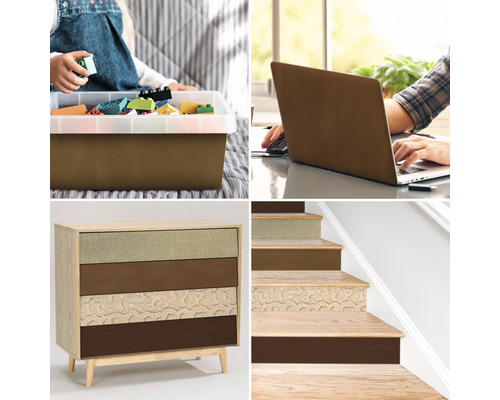 Collage met opbergdoos met speelgoed, persoon met laptop, ladekast en trap