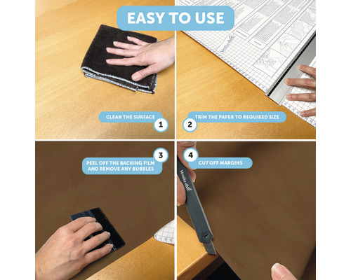 Instructies voor het eenvoudig aanbrengen van zelfklevende folie: oppervlak reinigen, papier op maat snijden, beschermfolie verwijderen en randen afsnijden.