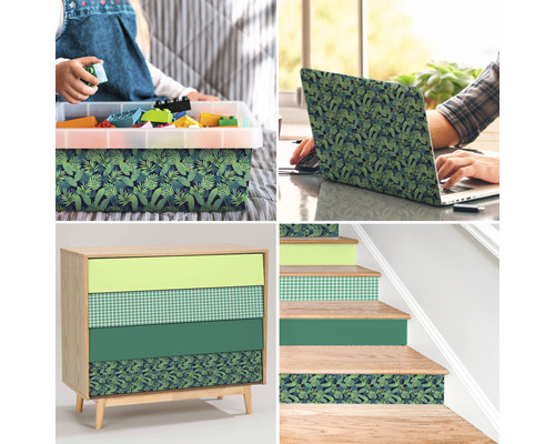 Collage met decoratieve folietoepassingen: speelgoedkist, laptop, commode en trap