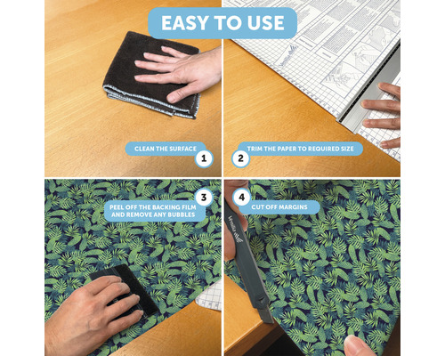 Instructies voor eenvoudig gebruik van decoratiefolie: Reinig het oppervlak, snij het papier op maat, verwijder de beschermfolie en eventuele luchtbellen, snij de randen af.