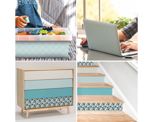 Collage met decoratieve folie op opbergdoos, laptop, ladekast en trap
