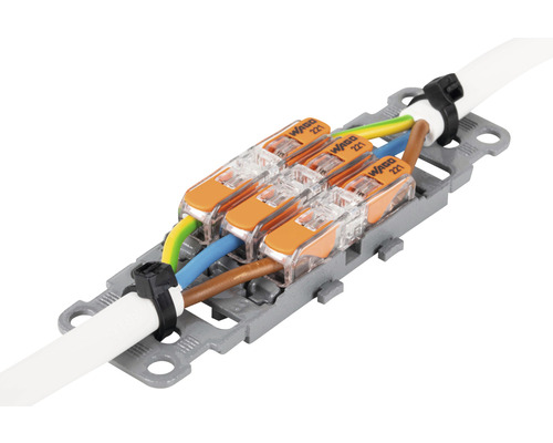 Wago connector klemmen van de 221 serie met drie elektrische draden in een houder.