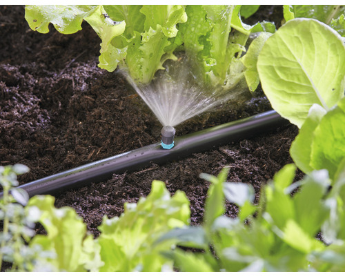 Irrigatiesysteem in gebruik voor het water geven van planten in een tuinbed