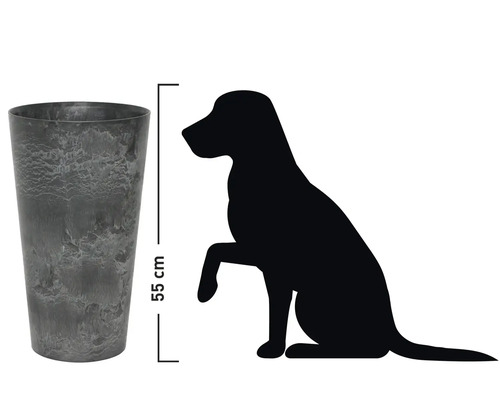 Grijze plantenpot met een hoogte van 55 centimeter, naast een hondensilhouet voor de maatverhouding.
