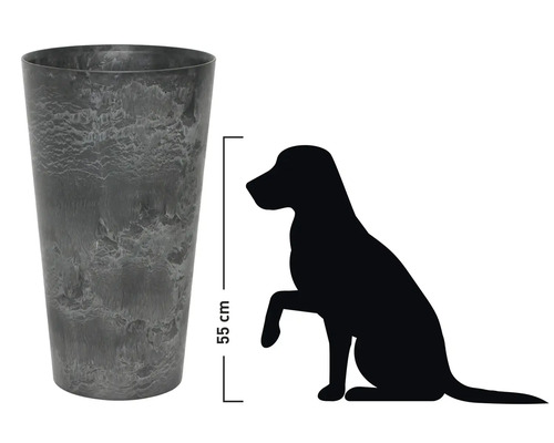 Hoge plantenbak met een hoogte van 55 cm naast een hondensilhouet ter grootte-indicatie