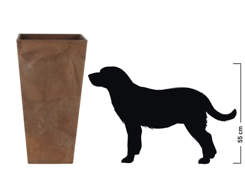 Hoge kunststof plantenbak met silhouet van een hond ter vergelijking van de grootte