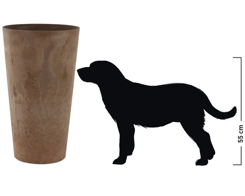 Hoge plantenbak naast silhouet van hond ter indicatie van de grootte.
