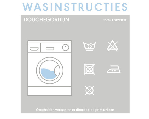 Wasinstructies voor douchegordijn van polyester: Wassen op 30 graden, niet bleken, niet in de droger, strijken op lage temperatuur, niet chemisch reinigen