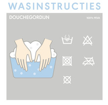 Wasinstructies voor douchegordijn van 100% PEVA, inclusief handwas, niet bleken, niet in de droger, niet strijken en niet chemisch reinigen symbolen