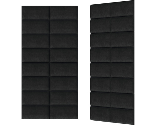 Twee zwarte, rechthoekige wandpanelen met een gecapitonneerd design