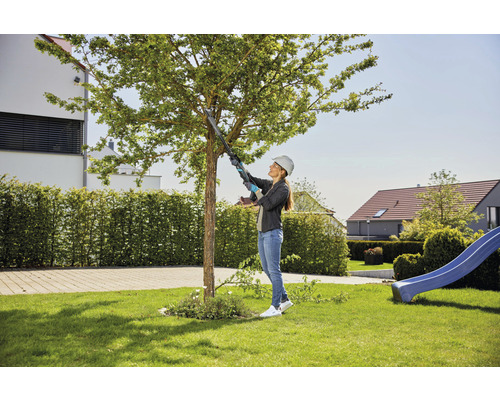 Vrouw met takkenschaar bezig met boomverzorging in de tuin.