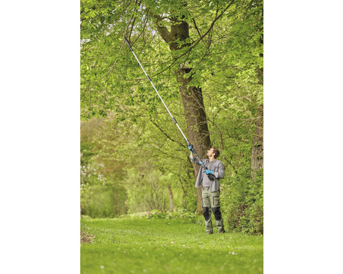 Een man snoeit takken aan een boom met een staafgemonteerde kettingzaag.