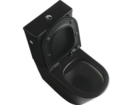 Zwarte toiletpot van keramiek met spoelbak en open toiletbril