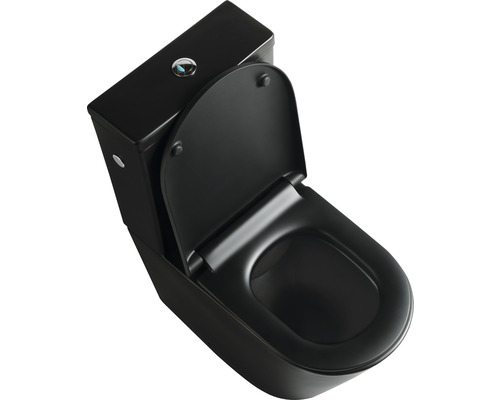 Zwart staand toilet met reservoir en open toiletdeksel