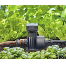 Waterklok met irrigatieslang en planten in de tuin